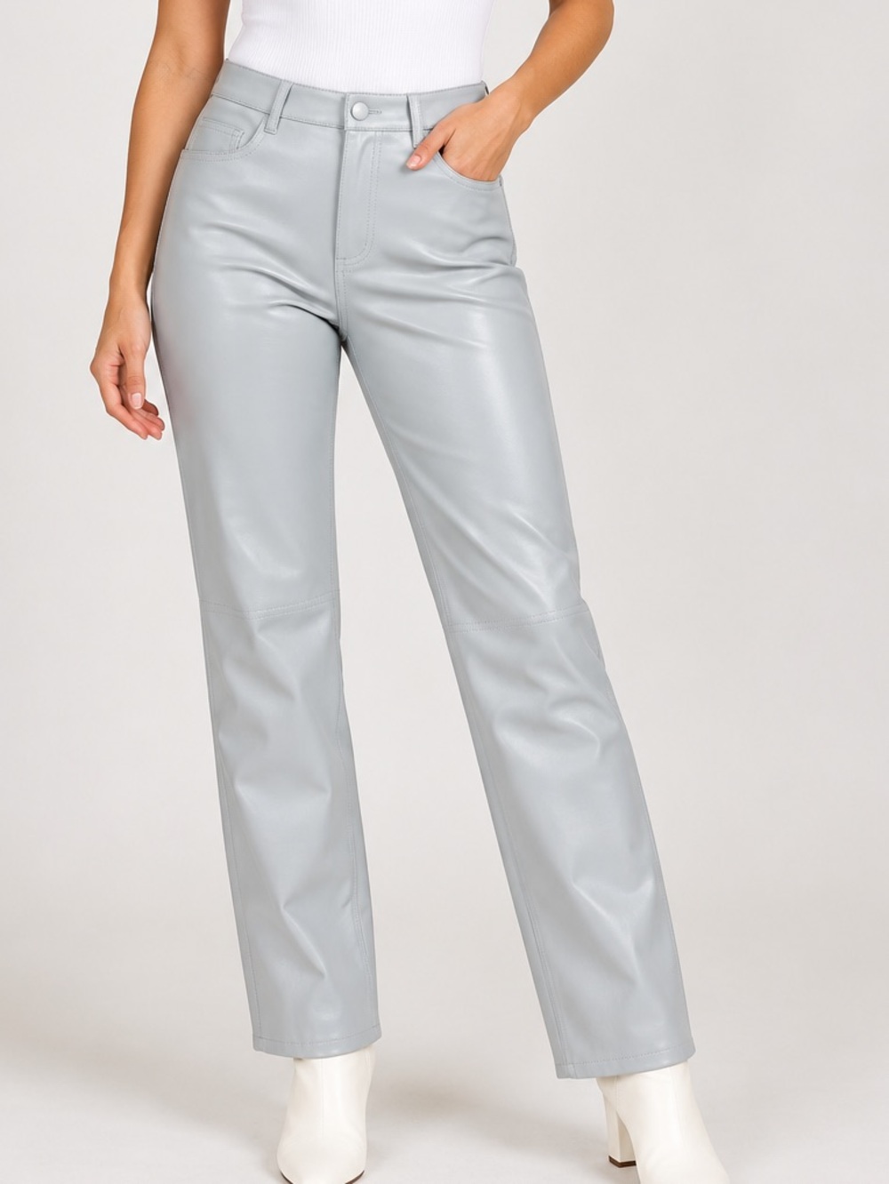 OAK + FORT Light Gray Faux Leather Straight-Leg Pants